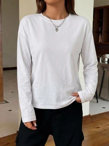 SHEIN EZwear 95%棉 白色長袖百搭女款T恤，適合秋冬穿著 - 白色 - 查看 5