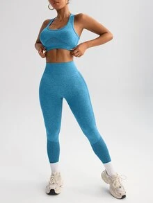 Easithlete Easithlete 女款純色短版上衣與高腰長褲休閒運動套裝，保守運動風，適合日常運動、健身房鍛鍊，粉色/藍色，夏季 - 藍色 - 查看 4