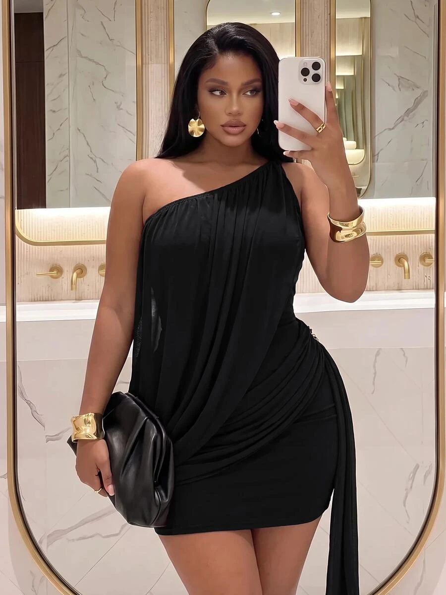 Slaydiva Sexy Street Date Party Women Slim Fit High Elastic Digital Print Mesh Ribbon Pleated Asymmetrical Shoulder Twisted Design Mini Dress Plus Size Dress - Burgundy - Black - View 1