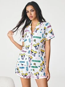 THE POWERPUFF GIRLS X SHEIN Women's Cartoon Print Button-Up Top And Shorts Pajama Set - White - View 4