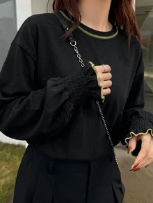 FRIFUL 女款純色圓領落肩長袖休閒寬鬆T恤 - 黑色 - 查看 4