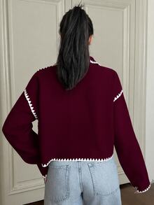 SHEIN EZwear 對比色短版夾克 秋季 辦公室 黑色 優雅 - 酒紅色 - 查看 2