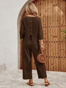 EMERY ROSE Women's Vacation Casual Solid Color Shirt And Pants 2 Pieces Set Vacation White Autumn - Brown - View 2
