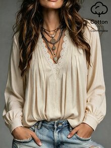 LUMIGAL Kemeja Minimalis Gaya Bohemian untuk Liburan, Warna Krem, Dengan Tekstur Kasual, Leher V Dalam dan Desain Lipatan Depan, Cocok untuk Bepergian, Santai dan Pakaian Musim Gugur - Aprikot - View 1