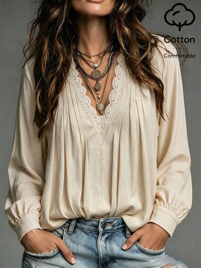 LUMIGAL Holiday Minimalist Bohemian Style Shirt, Beige Tone, With Casual Texture, Deep V-Neckline And Front Pleated Design, Suitable For Commuting, Casual And Autumn Wear