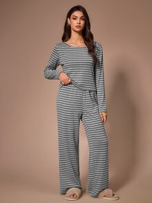 Lazeform Bộ đồ mặc nhà nữ thời trang phong cách casual, thoải mái, họa tiết kẻ sọc, dáng oversize, cổ tròn sâu, phù hợp mặc ngoài trời - Xám - Xem 7