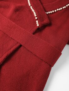 GlowEve CURVE Red V-Neck Pearl Trim Lantern Sleeve Plus Size Sweater Top Winter - Red - View 4