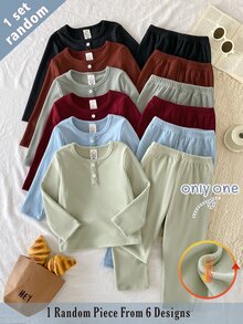 6 Sets Randomly Sent 1 Set Autumn/Winter Thickened Ribbed Boys Toddler Set Soft Comfortable Solid Color Fabric Casual Minimalist Faux Placket Long Sleeve Long Pants 2 Pieces Set Loungewear - Multicolor - View 1