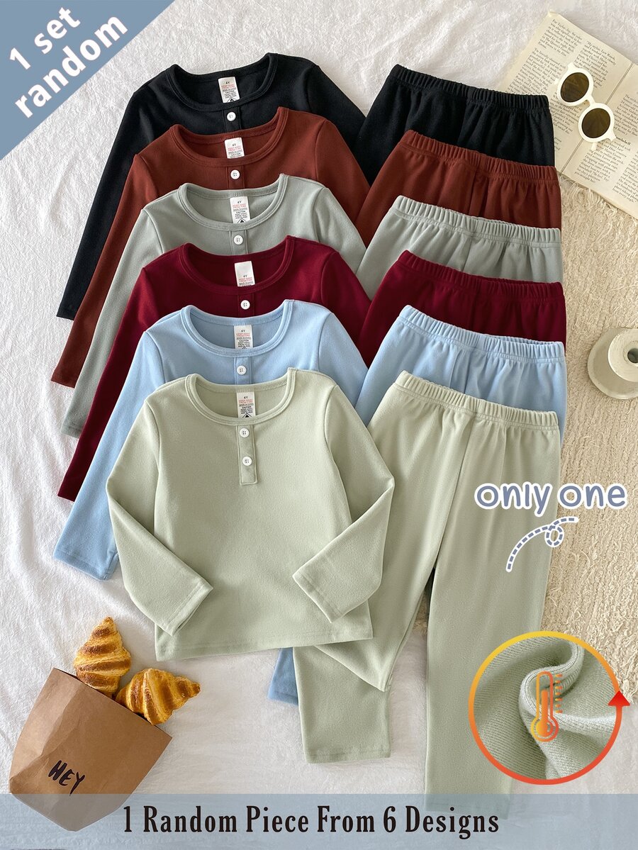 6 Sets Randomly Sent 1 Set Autumn/Winter Thickened Ribbed Boys Toddler Set Soft Comfortable Solid Color Fabric Casual Minimalist Faux Placket Long Sleeve Long Pants 2 Pieces Set Loungewear - Multicolor - View 1