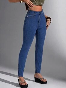 Flirla Women's Fashion Fitted Button Pocket Denim Jeans - Blue - View 3