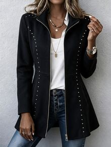 Balvessa Women's Autumn/Winter Long Sleeve Zipper Front Casual Wool Blend Jacket - Black - View 10