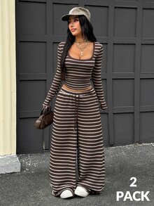 Coolane 女款秋冬街頭風休閒Y2K運動日常穿搭復古圖案條紋紋理方領長袖T恤與寬鬆長褲2件組 - 棕色 - 查看 1
