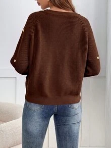 SHEIN Frenchy 女款愛心刺繡V領開襟衫，長袖上衣，情人節 - 棕色 - 查看 2