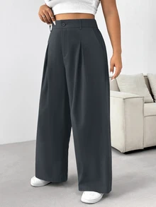 SHEIN PETITE CURVE 大尺碼灰色優雅商務休閒正式寬腿長褲 素色鈕扣西裝褲 秋季婚禮教師活動畢業典禮會議辦公室穿搭 - 深灰色 - 查看 3