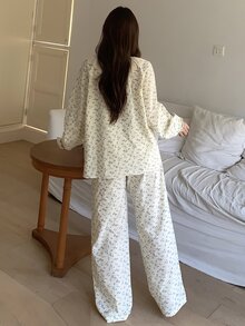 DAZY Women's Ditsy Floral Long Sleeve Single-Breasted Top And Pants Loungewear Set - Beige - View 2