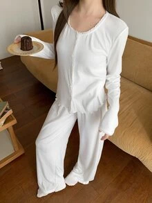DAZY Women's Solid Color Single-Breasted Long Sleeve Top And Pants Pajama Set - Green - View 6
