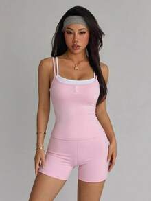 SHEIN Dewbera Women's Colorblock 2 In 1 Tank Top And Shorts Sports Set - Pink - View 3