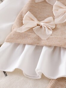 SHEIN 2Pcs Baby Girls Top And Flare Pants Sweet Khaki 3D Bows Ruffle Hem Ribbed Knit Long Sleeve Round Neck Regular Party Spring Princess Ballet New Born - Apricot - View 7