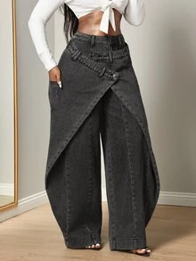 Slaydiva Women's Asymmetric Design Wide Leg Curved Hem Casual Denim Jeans - Blue - View 6