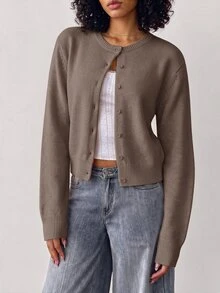 SHEIN BASICS 女款復古休閒純色單排扣長袖針織開襟衫 辦公日常校園商務 橄欖綠 秋季 - 駝色 - 查看 2