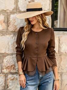 INAWLY French Style Elegant Casual Round Neck Single Button Waist-Cinching Mesh Ruffle Hem Long Sleeve Women's Jacket Office Black Cold Weather - Brown - View 5