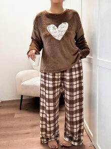 Napfluff CURVE Napfluff CURVE Plus Size Heart & Letter Embroidered Flannel Long Sleeve Top And Plaid Pants Pajama Set - Brown - View 3