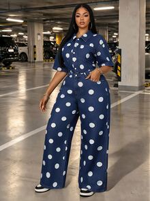 Slaydiva Festival Plus Size Women's Blue Non-Stretch Polka Dot Print Loose Short Sleeve Jumpsuit - Light Wash - View 5