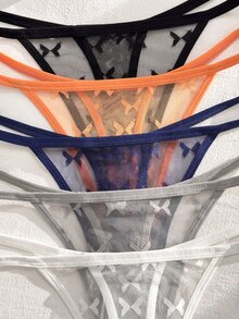 PetitDoll 5 Pcs Women's Lace Bow Decor Sexy Cute Kawaii Everyday Thong Panties All Black Orange Navy Blue All White - Multicolor - View 5