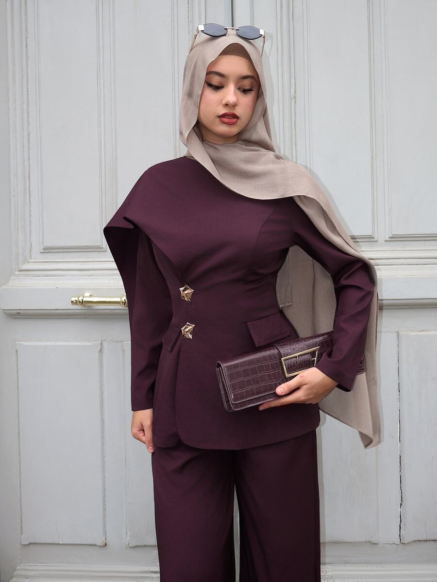 Graceveil 優雅復古不對稱披肩領長袖上衣與高腰垂墜寬腿褲套裝 - 紫色 - 查看 1