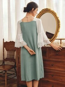 Côtesoire Women's Lace Patchwork Casual Daily Home Sleep Dress - Cadet Blue - View 2