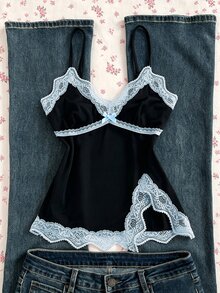 Sunspun Plus Size Summer Elegant Contrast Color Lace Trim Slit Cami Camisole - Multicolor - View 1