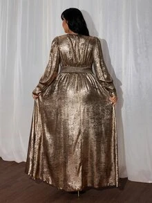 Rustia Plus-Size Metallic, Glossy-Finish Party Gown With A Side Slit – An Elegant, Long, V-Neck Dress For Autumn And Winter. - Gold - View 2