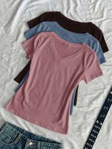 SHEIN EZwear 3件組女款夏季V領修身T恤，龐克次文化動漫純色基礎款V領短袖修身T恤 - 彩色 - 查看 2