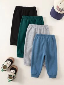 SHEIN 4件組男嬰女嬰可愛秋冬休閒百搭純色鬆緊腰長褲，百搭慢跑褲多件裝 - 彩色 - 查看 2
