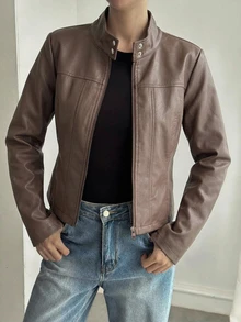 DAZY 女款純色修身立領拉鍊長袖PU夾克，休閒街頭風春秋外套，適合上學與度假 - 棕色 - 查看 3