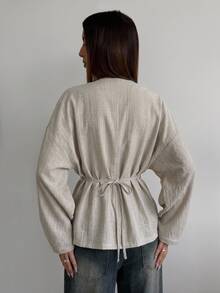 Aloruh Women's Textured Button Ruched Waist Long Sleeve Blouse,Khaki Shirt,Going Out Tops,Basic Blouses,Social Blouse,Office Outfits,Work,Y2K,Autumn/Winter - Light Grey - View 2