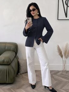 Solavon 女款純色休閒日常穿著阿拉伯風上衣 - 藏蓝色 - 查看 5