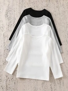 SHEIN 4pcs/Set Young Boy Casual Solid Color Round Neck Long Sleeve T-Shirt, Versatile For All Seasons Chic Autumn/Winter,Fall Clothes,Fall Tops - Black and White - View 2