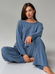 Livesso Women's Solid Color Long Sleeve Top And Pants Loungewear Set - Blue - View 1
