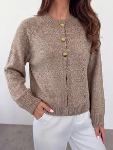 Firerie Women's Classic Apricot Knit Cardigan With Gold Buttons Round Neck Long Sleeve Casual - Apricot - View 5