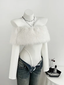 Elamini Women's Autumn/Winter Sexy White Fuzzy Off Shoulder Bandeau Tight Sexy Bodysuit - White - View 1