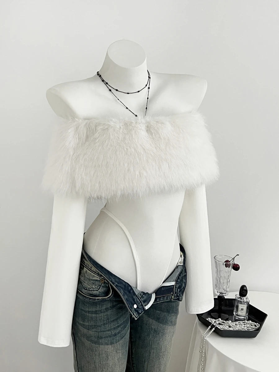 Elamini Women's Autumn/Winter Sexy White Fuzzy Off Shoulder Bandeau Tight Sexy Bodysuit - White - View 1