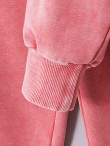 SHEIN 女童休閒寬鬆連帽短版牛仔外套，柔軟舒適直筒牛仔褲套裝，百搭時尚，適合秋冬日常穿著 - 紅色 - 查看 6