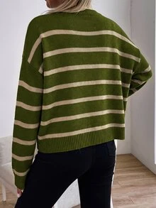 Sprig & Strand 女款條紋圓領落肩長袖休閒針織套頭毛衣，秋冬款 - 橄欖綠 - 查看 2