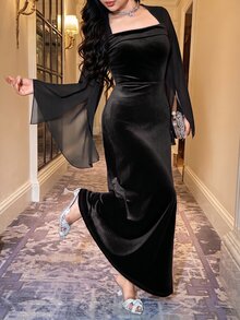 Feyla Women's Solid Color Square Neck Split Sleeve Elegant Long Dress - Black - View 4