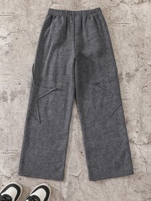SHEIN 兒童青少年男孩休閒街頭風星星印花拼接刺繡運動風雪花針織直筒運動長褲 Y2K下身褲，適合通勤、上學、日常休閒外出、運動，秋冬穿著 - 灰色 - 查看 3