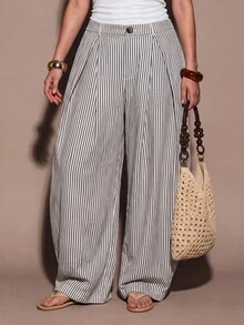 SHEIN BAE CURVE 大尺碼女款休閒波西米亞風度假黑白格紋紋理條紋寬鬆拼接長褲，適合外出、日常、萬聖節 - 深灰色 - 查看 6