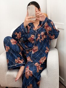 Napfluff CURVE Napfluff CURVE Plus Size Lapel Cardigan Plaid Teddy Bear Print Long Sleeve Long Pants Pajama Set - Multicolor - View 3