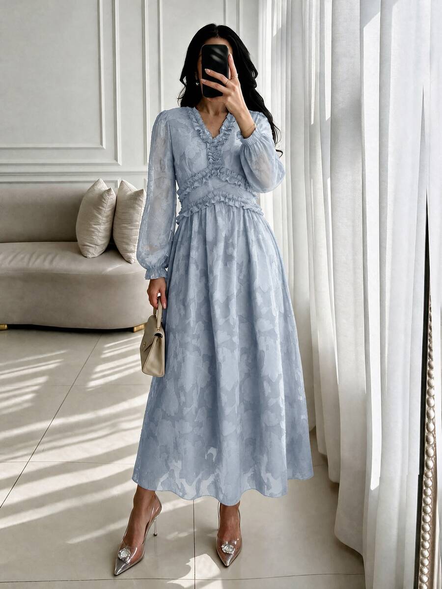 Modelyn Women Dusty Blue V Neck Ruffle Long Sleeve Midi Dress, Elegant Flowy A Line Fall Dress, Modest Wedding Guest Evening Party Dress For Autumn - Blue - View 1