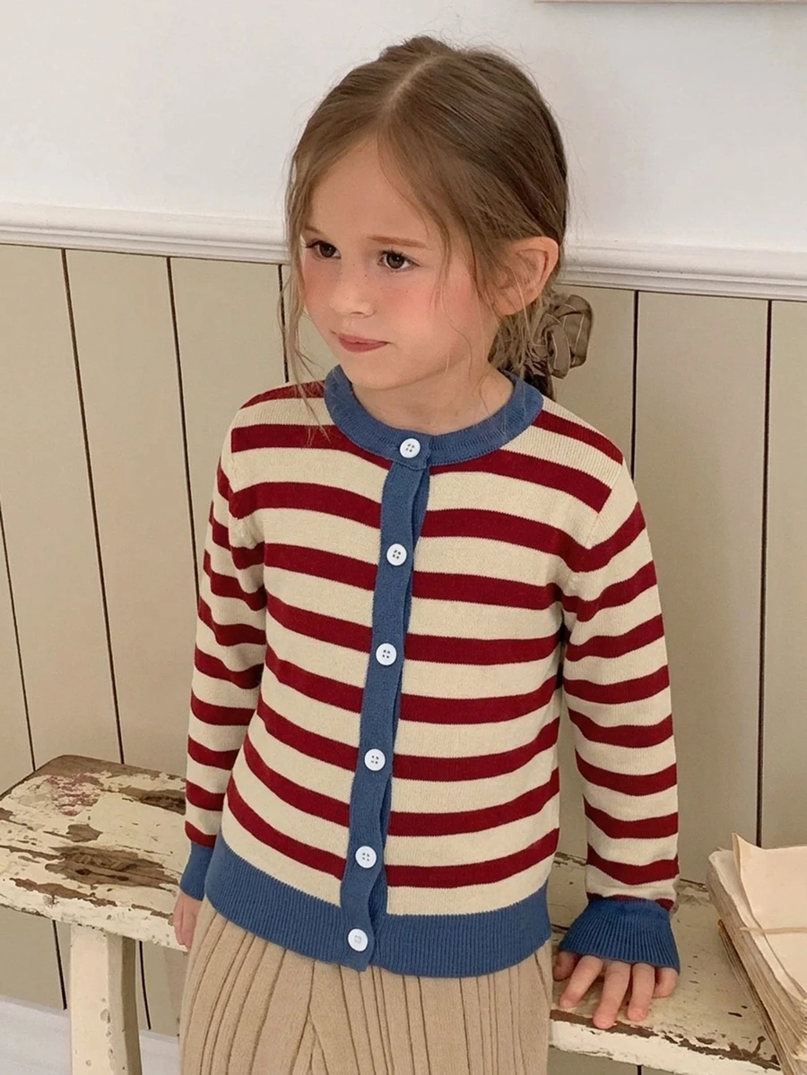 Hapijoa Cardigan Kasual Serbaguna untuk Harian, Motif Garis-Garis untuk Anak Perempuan - Merah - View 1